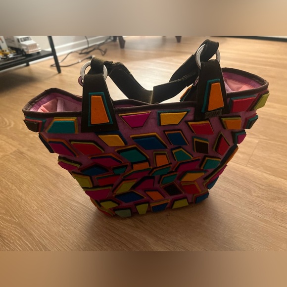 Sheep’s Wool Felt Pink and Orange Patchwork/ geometricTote Bag,Handmade bag - Picture 3 of 8